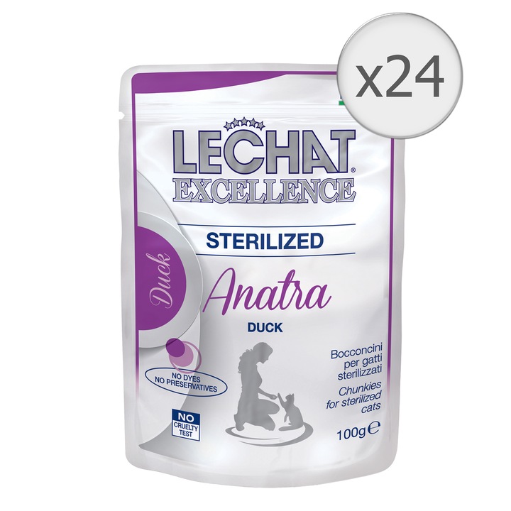 Hrana umeda pentru pisici Monge Lechat, Sterilized, Rata, 24x100g