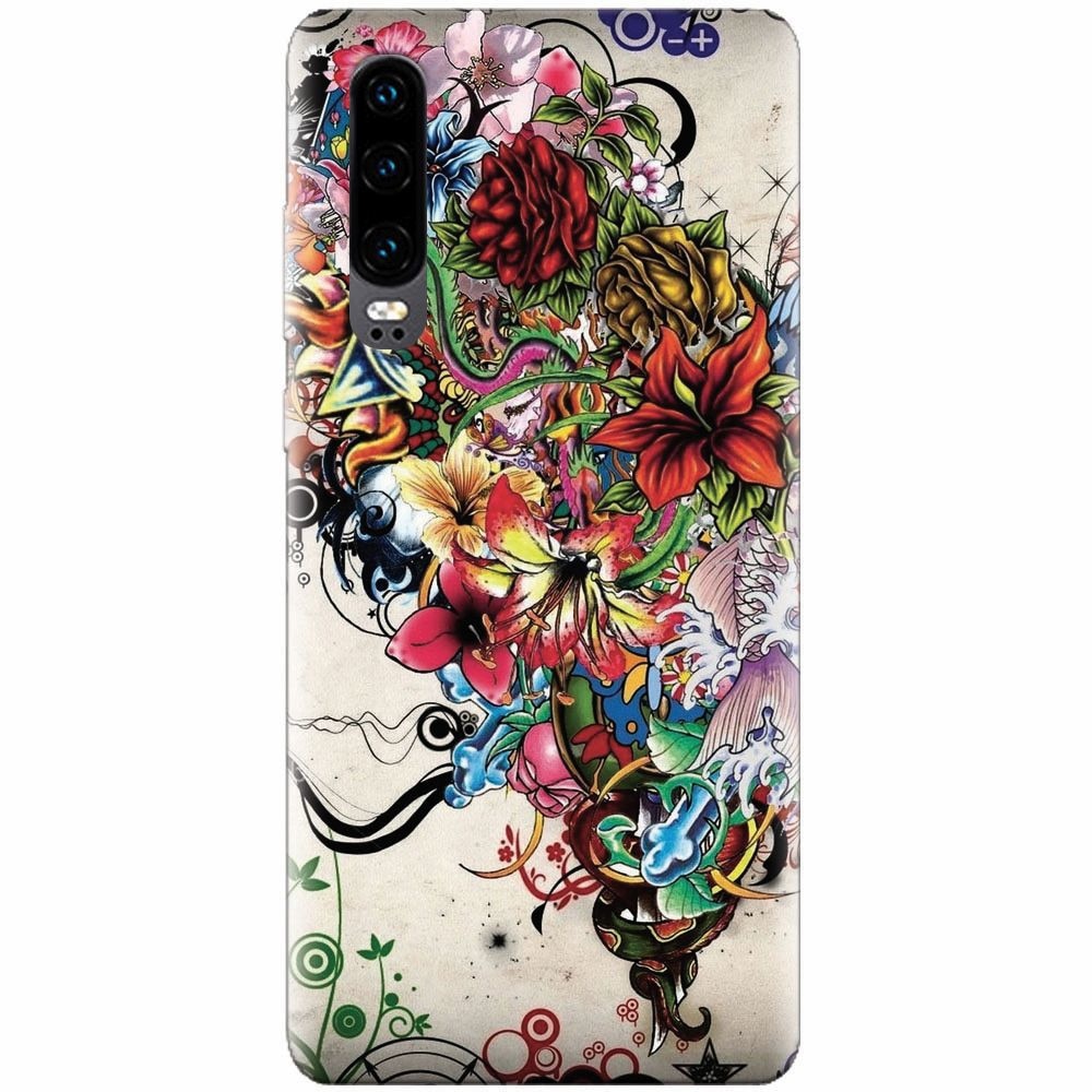 Husa silicon pentru Huawei P30, Abstract Flowers Tattoo Illustration