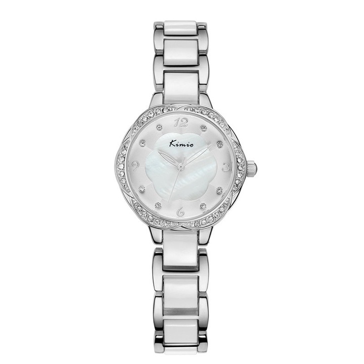 Дамски часовник Kimio Elegant Ceramic с кристали, Сребрист / Бял