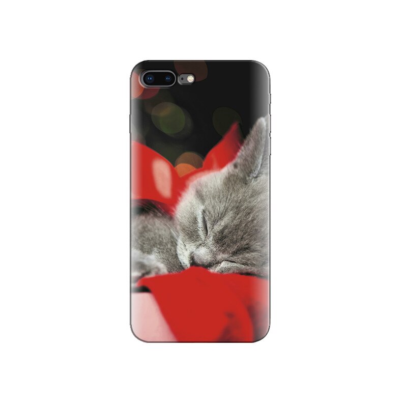Husa Iphone 7 Plus Grey Kitten Red Ribbon Christmas Present Bokeh