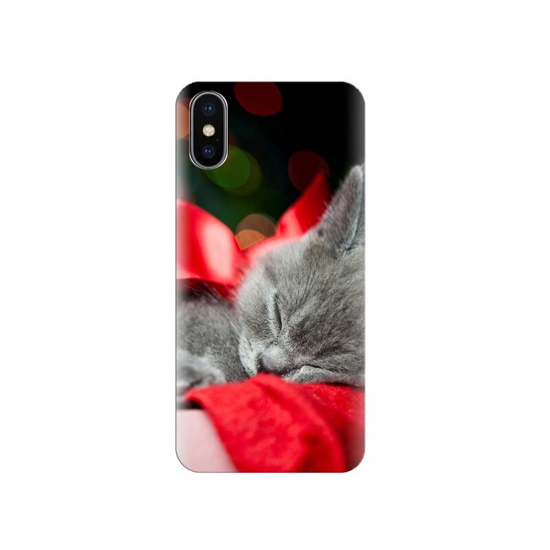 Husa Iphone X Grey-Kitten-Red-Ribbon-Christmas-Present-Bokeh