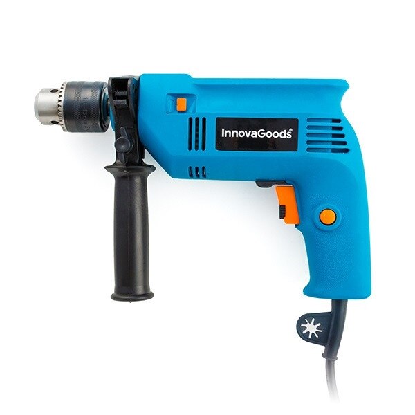 Masina de gaurit si insurubat, InnovaGoods, 500W, cu percutie, accesorii incluse, rotatie reversibila, albastra