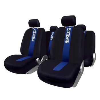 Set huse auto Sparco, 11 piese, poliester, dunga albastra, negru Set huse auto Sparco, 11 piese, poliester, dunga albastra, negru