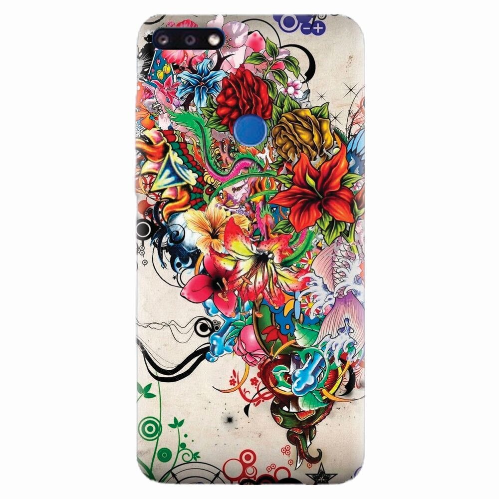 Husa silicon pentru Huawei Y7 Prime 2018, Abstract Flowers Tattoo Illustration