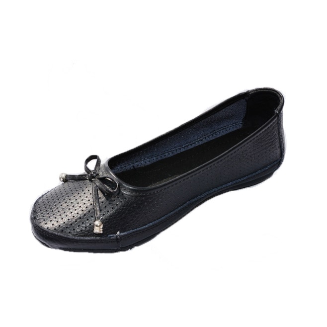 Balerini din piele naturala, cu perforatii marunte simetrice, D&J Exclusive, Negru