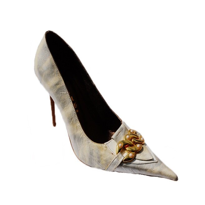 Pantofi cu toc inalt, varf ascutit, detaliu auriu, D&J Exclusive, Argintiu