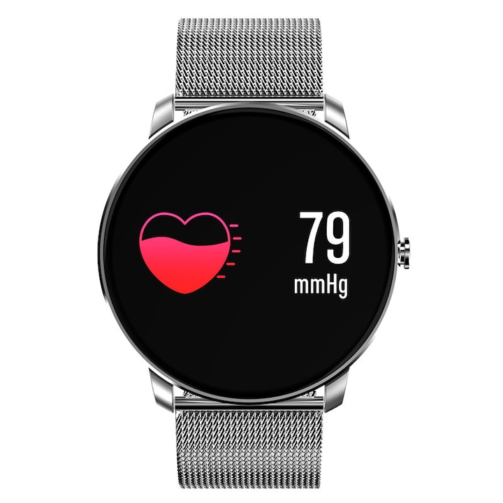 Smartwatch Fitness Concept karkötőóra FIT 2018, rendkívül vékony, vérnyomásmérő, pulzus, alvásfigyelő, üzenet / hívás értesítések, OLED kijelző, G-érzékelő, fém karkötő, rozsdamentes acél ezüst
