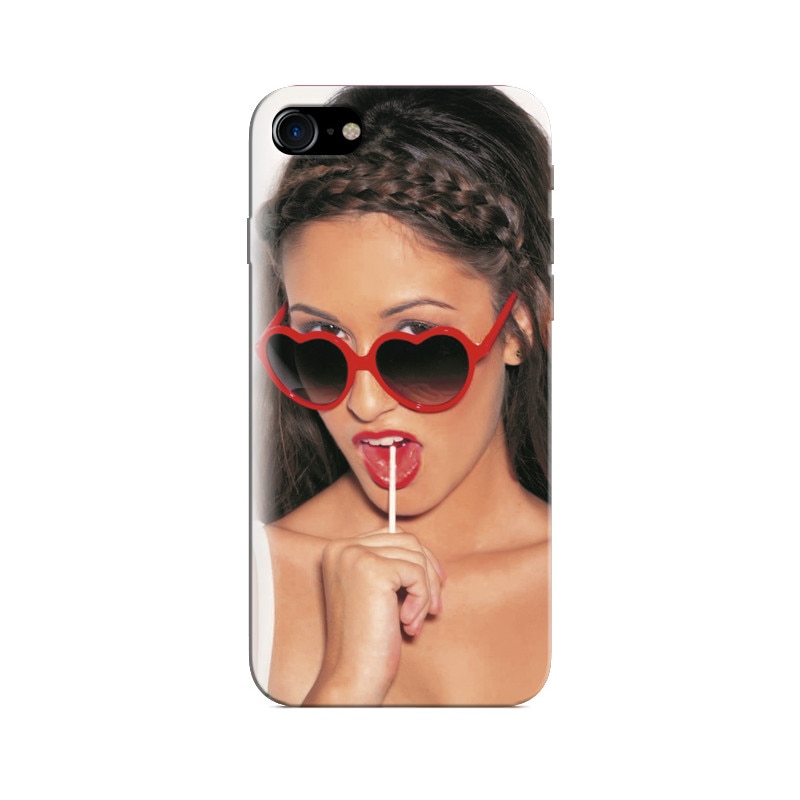 Husa Iphone 7 Brunette Model Wearing Funky Red Heart Glasses