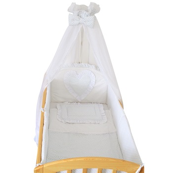 Lenjerie cu baldachin, alb cu buline albastre, inimioara, 6 piese, 120 x 60 cm Lenjerie cu baldachin, alb cu buline albastre, inimioara, 6 piese, 120 x 60 cm