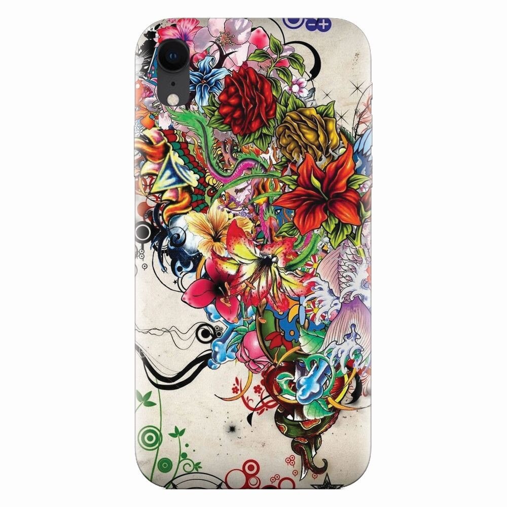 Husa silicon pentru Apple Iphone XR, Abstract Flowers Tattoo Illustration