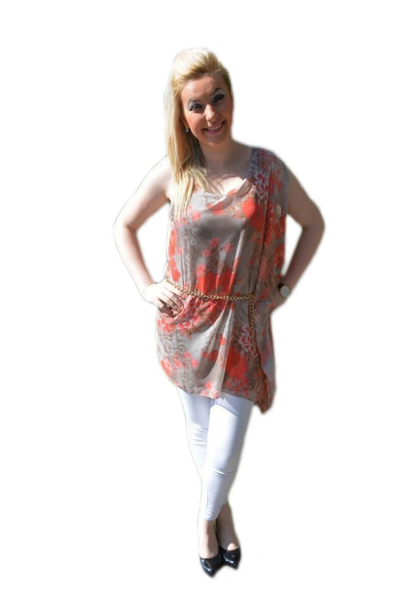 Bluza trendy, flori corai, culoare bej, D&J Exclusive, Bej