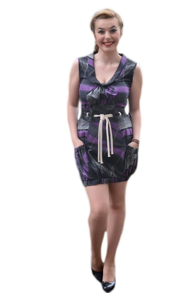 Rochie mini, culoare gri cu dungi mov, D&J Exclusive, Mov