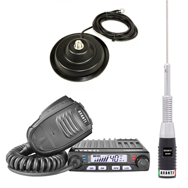 Kit statie radio CB Avanti Supremo *PRO-version* + Antena radio Avanti Cento + Baza magnetica