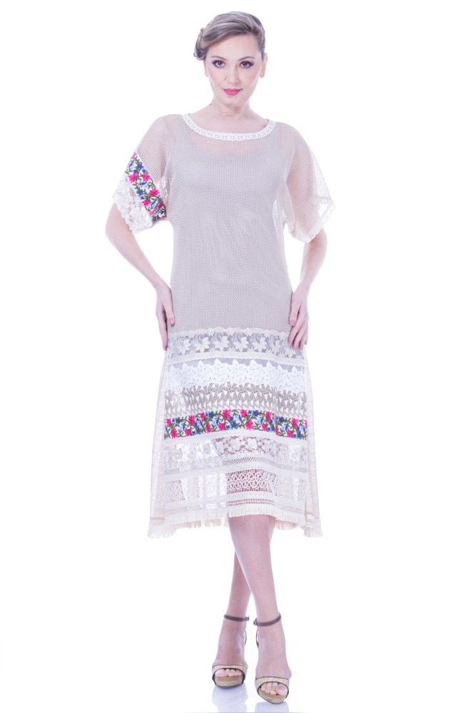 Rochie plasa bej cu dantela Liza Panait I-70E