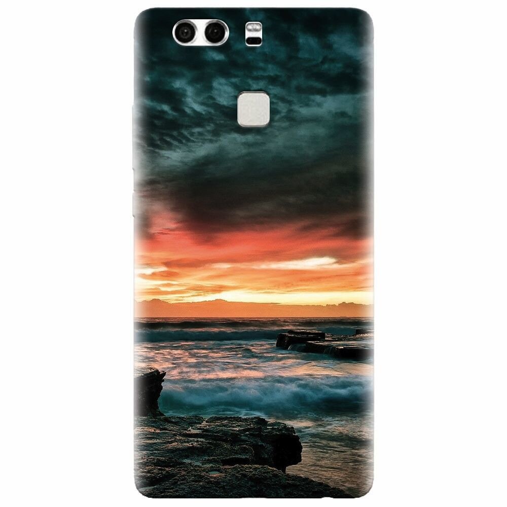 Husa silicon pentru Huawei P9, Dramatic Rocky Beach Shore Sunset