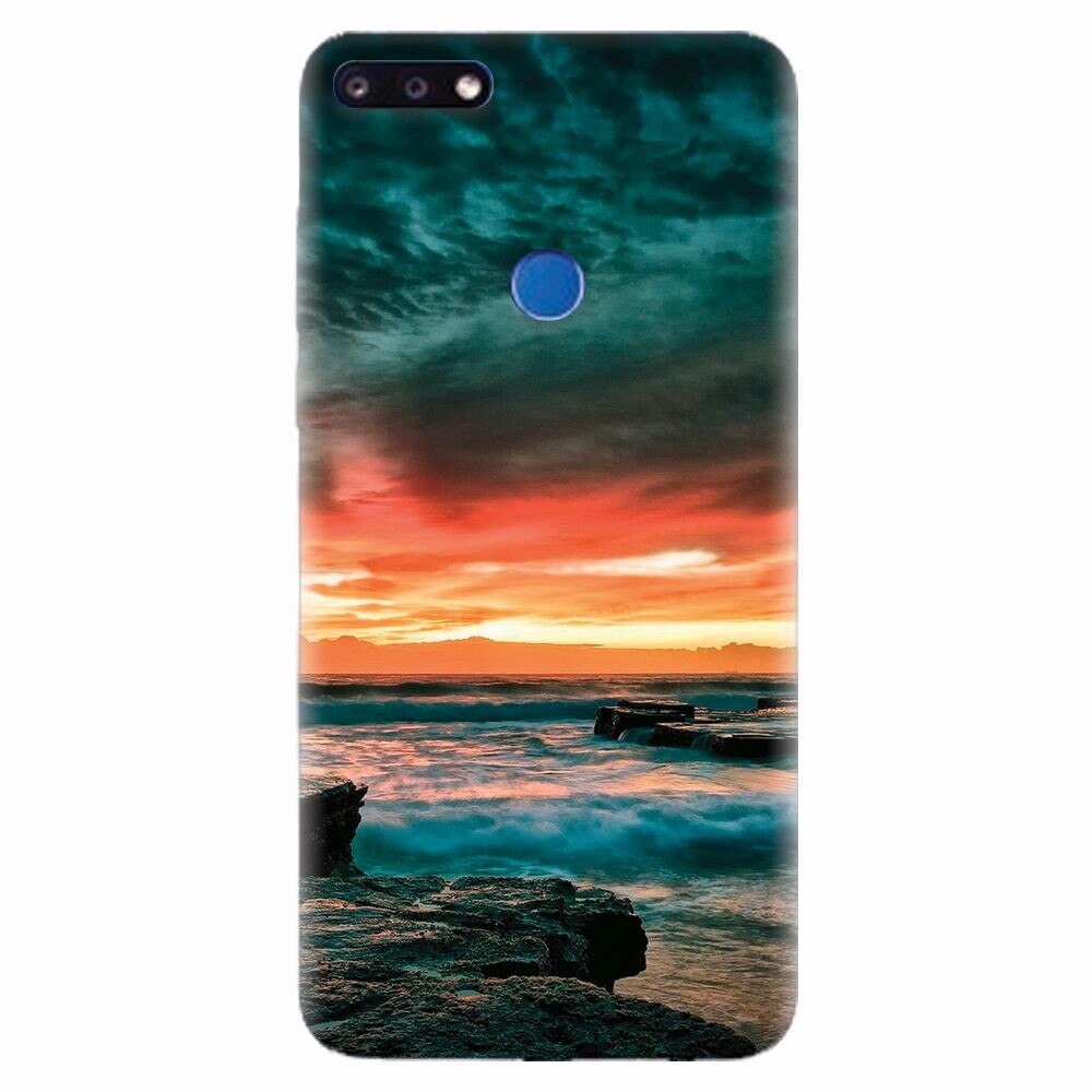 Husa silicon pentru Huawei Y7 Prime 2018, Dramatic Rocky Beach Shore Sunset