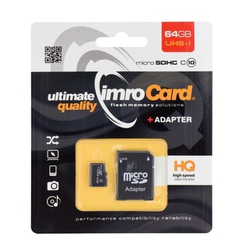 Card de memorie Micro Secure Digital Imro 64gb Class 10 Uhs-1 + adaptor (citire/scriere 43/85mbs) Card de memorie Micro Secure Digital Imro 64gb Class 10 Uhs-1 + adaptor (citire/scriere 43/85mbs)