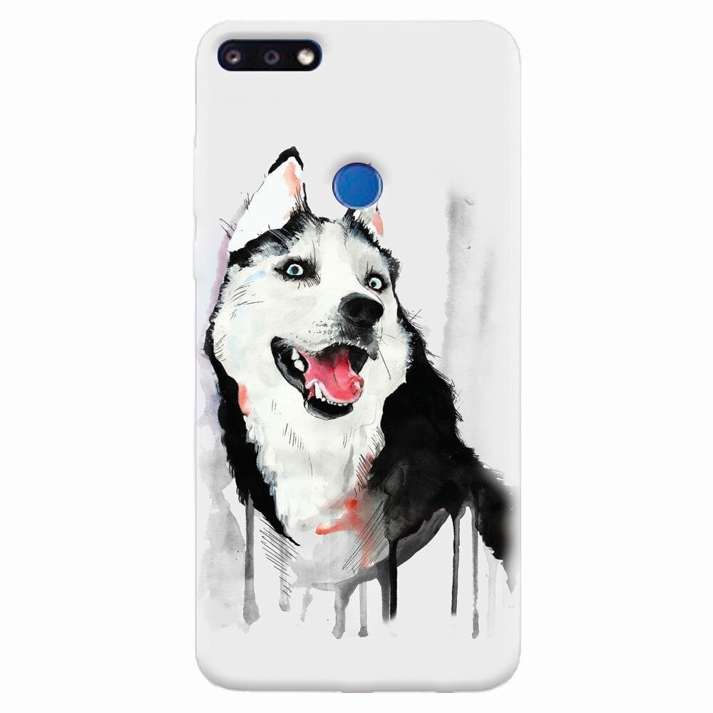 Husa silicon pentru Huawei Y7 Prime 2018, Husky Dog Watercolor Illustration