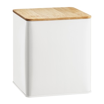 Cutie Ambition patrata din metal cu capac bambus, alb nordic, 1700 ml Cutie Ambition patrata din metal cu capac bambus, alb nordic, 1700 ml