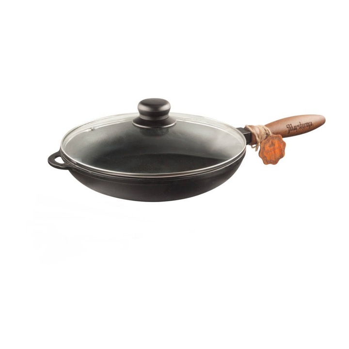 Tigaie fonta adanca cu maner lemn detasabil si capac sticla 26cm