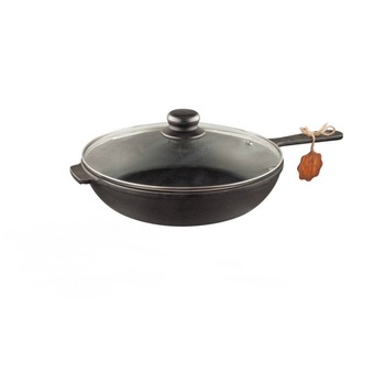 Tigaie fonta adanca cu manar fonta si capac sticla 28cm Tigaie fonta adanca cu manar fonta si capac sticla 28cm