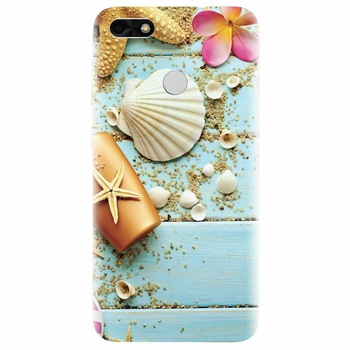 Husa silicon pentru Huawei Y6 Pro 2017, Blue Wood Seashells Sea Star Husa silicon pentru Huawei Y6 Pro 2017, Blue Wood Seashells Sea Star