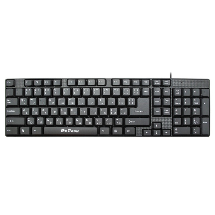 Клавиатура DeTech PS2, 104 клавиша, ергономична форма, черна