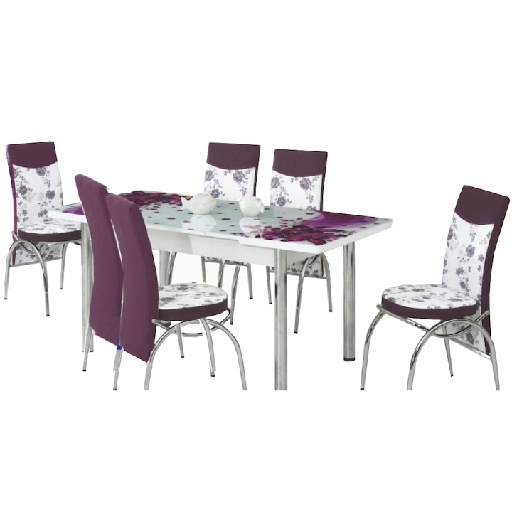 Set masa extensibila si 6 scaune Elt Modella, blat sticla, 170 x 80 x 70 cm, decor floral, Mov
