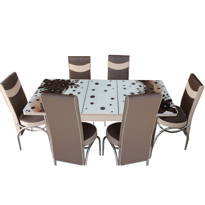 Set masa extensibila si 6 scaune Elt Modella, blat sticla, 170 x 80 x 70 cm, decor floral, Capuccino