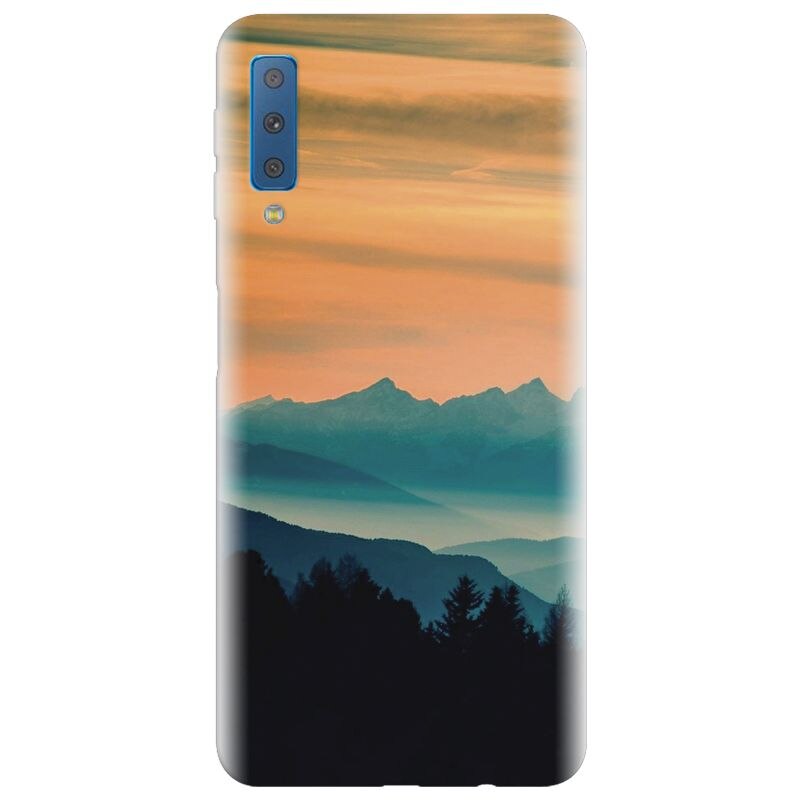 Husa silicon pentru Samsung Galaxy A7 2018, Blue Mountains Orange Clouds Sunset Landscape