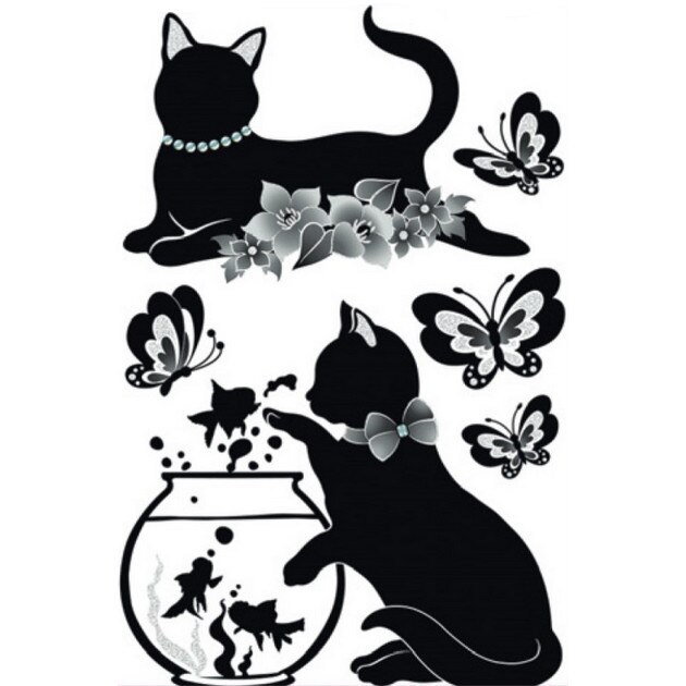 Sticker perete cu sclipici - pisica, fluture, peste 60 x 32 cm