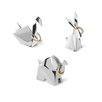 Pachet asortat cu trei suporturi pentru bijuterii Origami, iepuras, lebada si elefant, Crom Pachet asortat cu trei suporturi pentru bijuterii Origami, iepuras, lebada si elefant, Crom