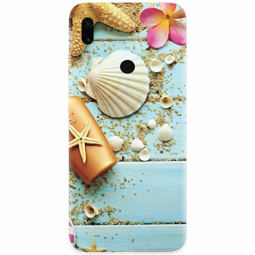 Husa silicon pentru Xiaomi Redmi Note 7, Blue Wood Seashells Sea Star