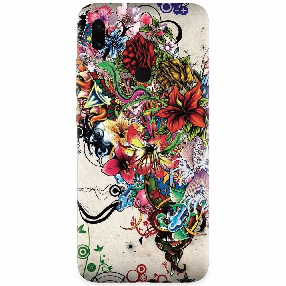 Husa silicon pentru Xiaomi Redmi Note 7, Abstract Flowers Tattoo Illustration