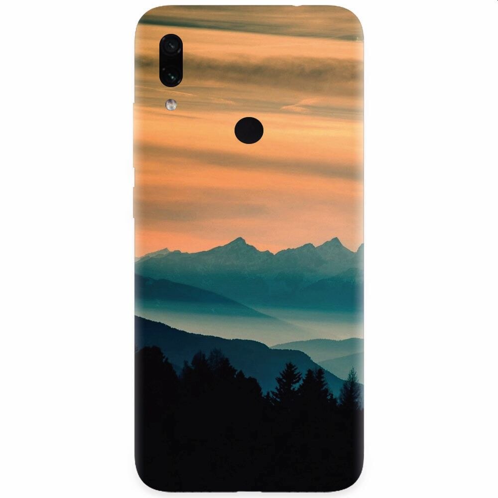 Husa silicon pentru Xiaomi Redmi Note 7, Blue Mountains Orange Clouds Sunset Landscape