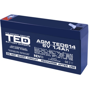 Acumulator stationar VRLA AGM 6V 1,4Ah, TED Electric Acumulator stationar VRLA AGM 6V 1,4Ah, TED Electric