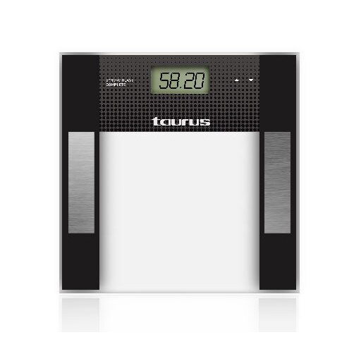 Cantar corporal Taurus Syncro Glass Complet, 150 Kg, precizie 100 g, greutate, grasime corporala,continut de apa, masa musculara si masa oasoasa, 12 memorii, design ultraslim, HR display, baterii lithium long life, masoara calorii consumate, Alb/Negru