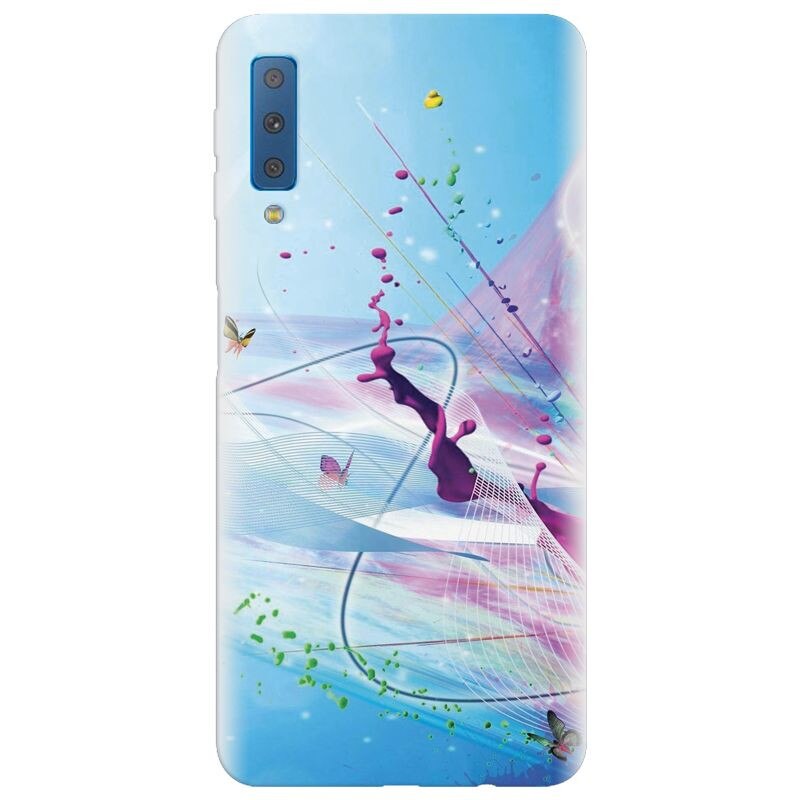 Husa silicon pentru Samsung Galaxy A7 2018, Artistic Paint Splash Purple Butterflies
