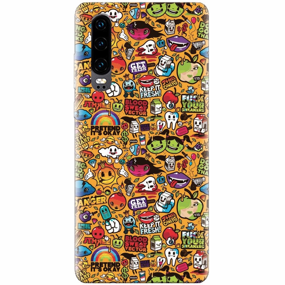 Husa silicon pentru Huawei P30, Colorful Sticker Illustrations