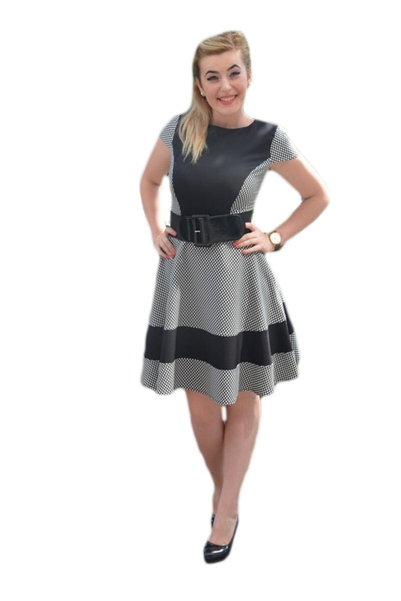 Rochie de zi, buline albe marunte, alb-negru, D&J Exclusive, Alb/Negru