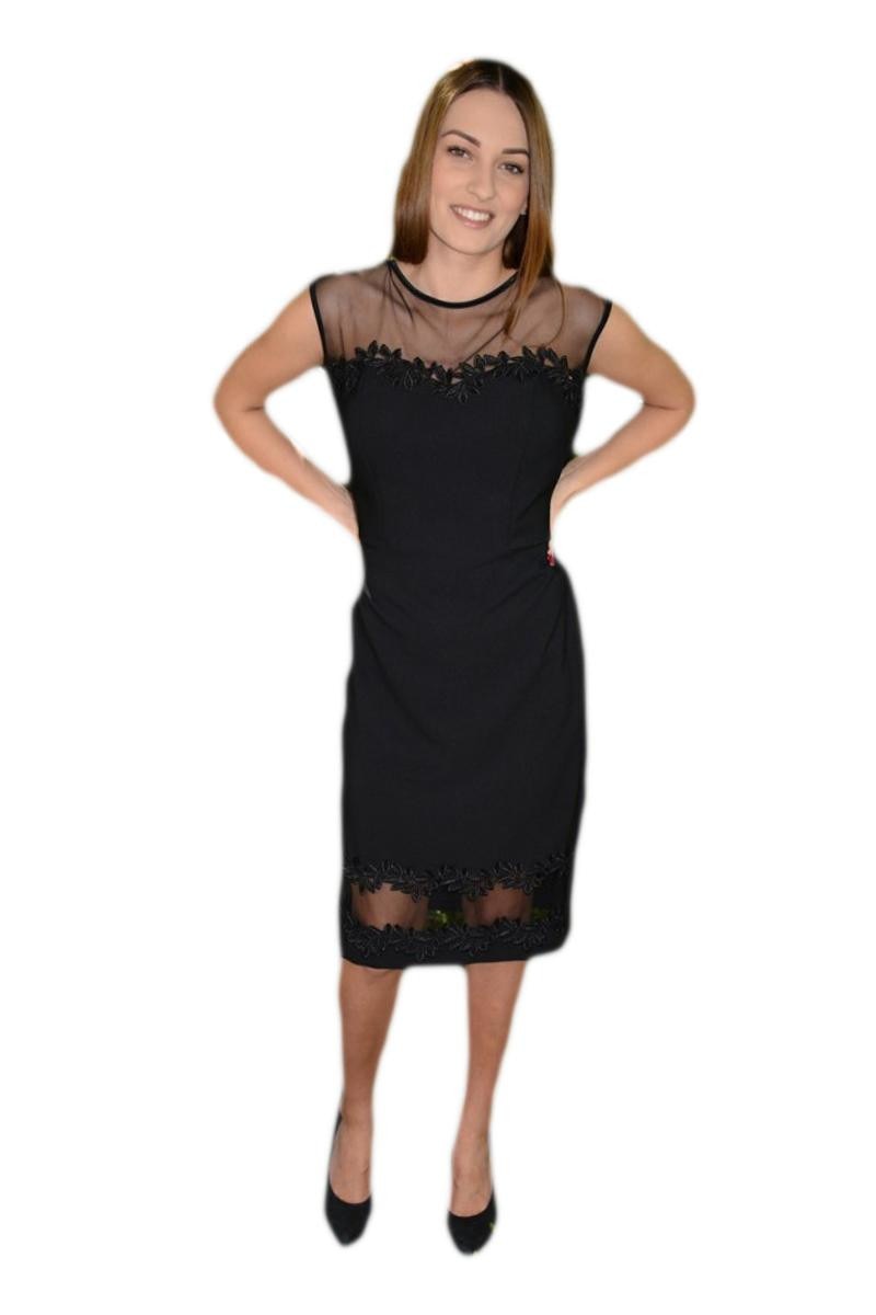Rochie fashion de ocazie cu insertii de tul si dantela, neagra, D&J Exclusive, Negru