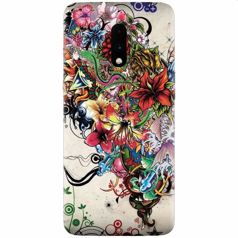 Husa silicon pentru OnePlus 7, Abstract Flowers Tattoo Illustration