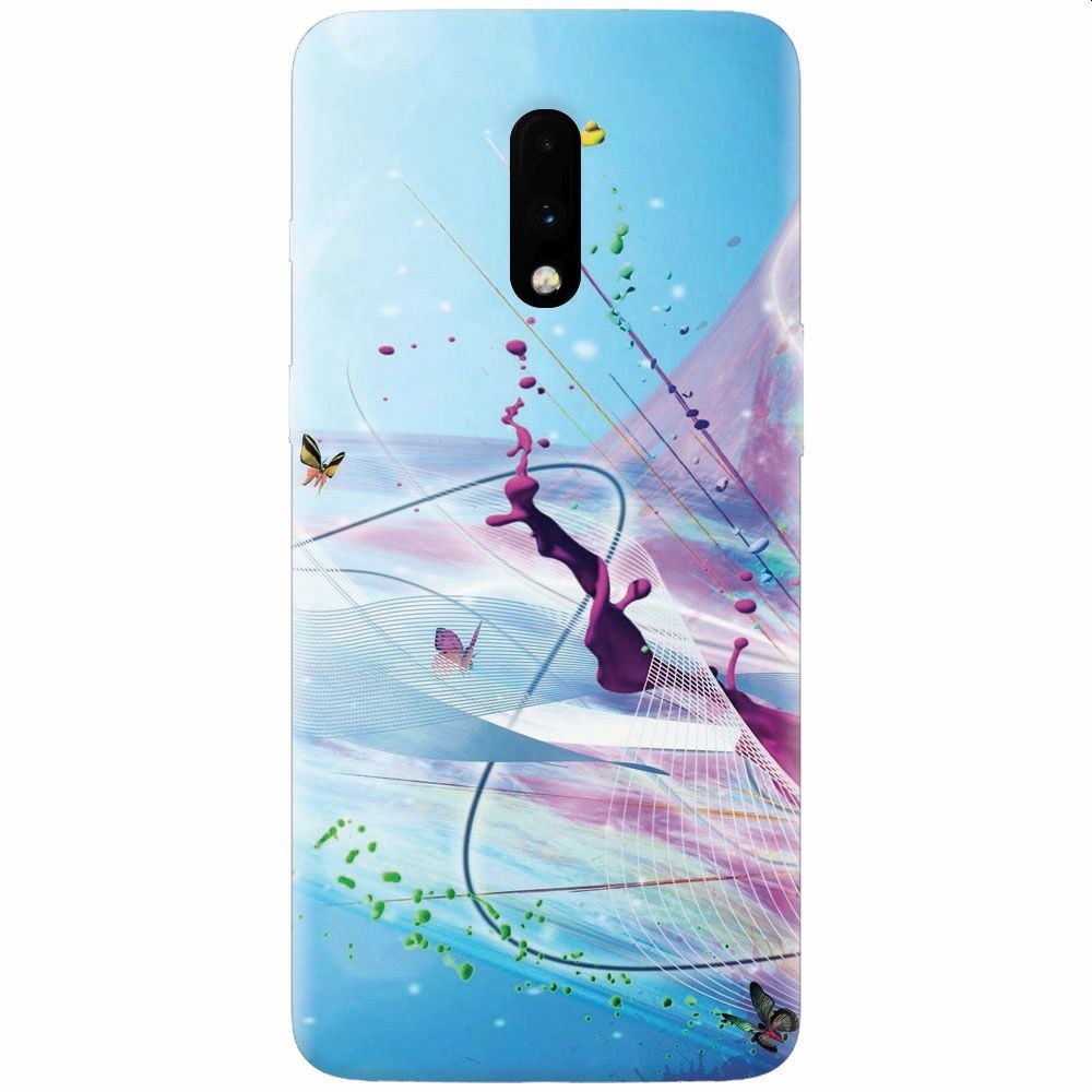 Husa silicon pentru OnePlus 7, Artistic Paint Splash Purple Butterflies