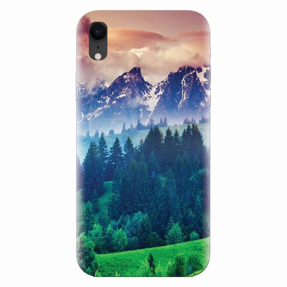 Husa silicon pentru Apple Iphone XR, Forest Hills Snowy Mountains And Sunset Clouds