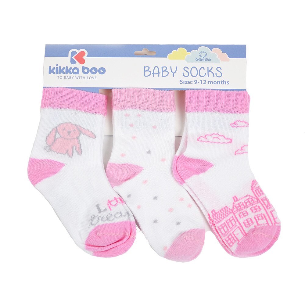 Set 3 perechi de sosete din bumbac 12-24 luni Pink