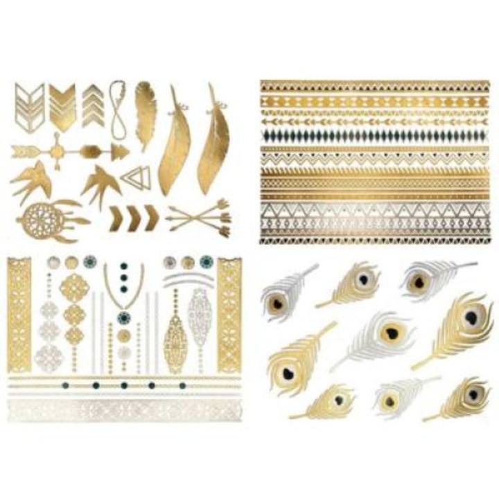 Pachet tatuaje semi-permanente Marashop, 4 foi, Unisex, Auriu/Argintiu