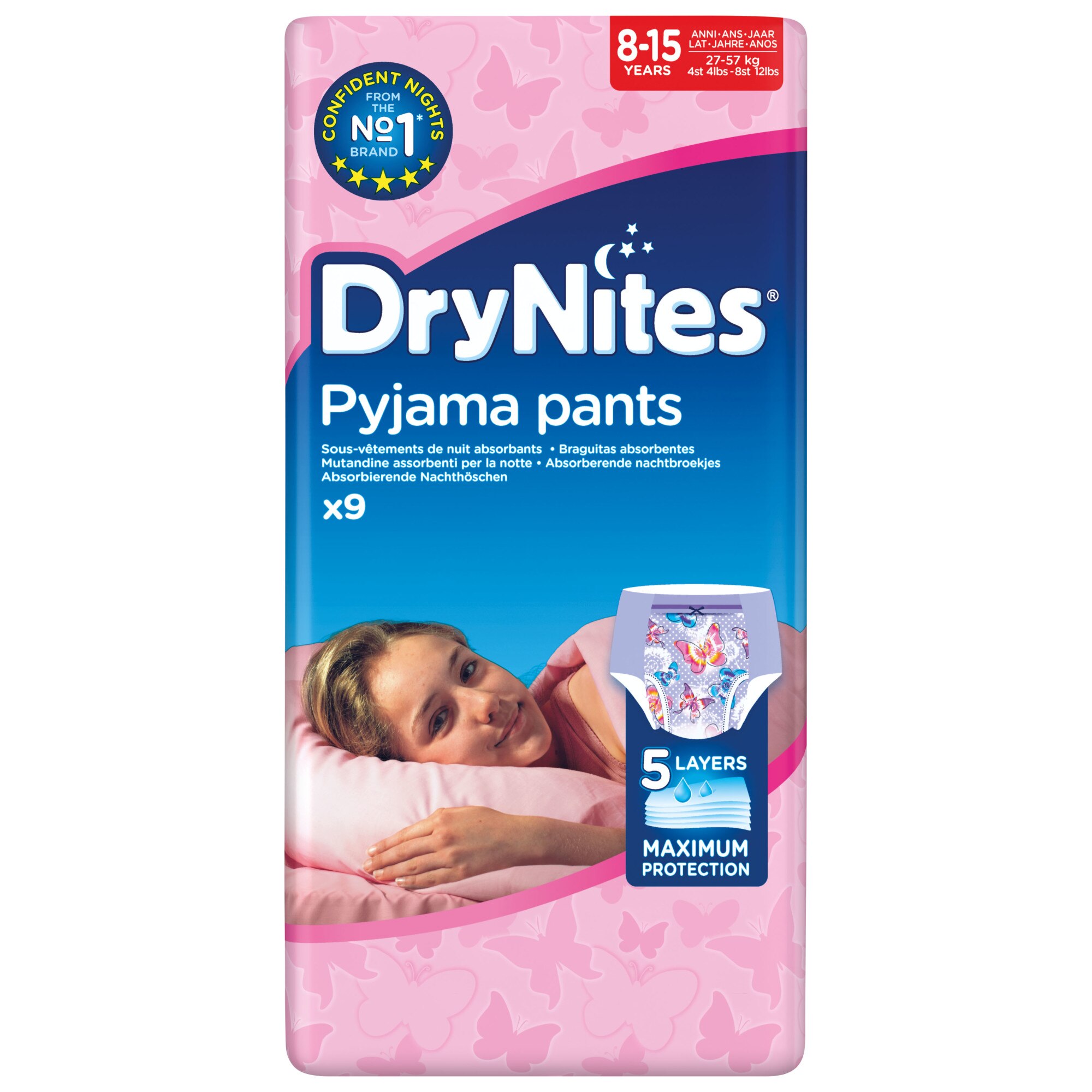 Нощни пелени гащички DryNites, 8-15 години момиче 27-57 кг, 3 пакета х ...