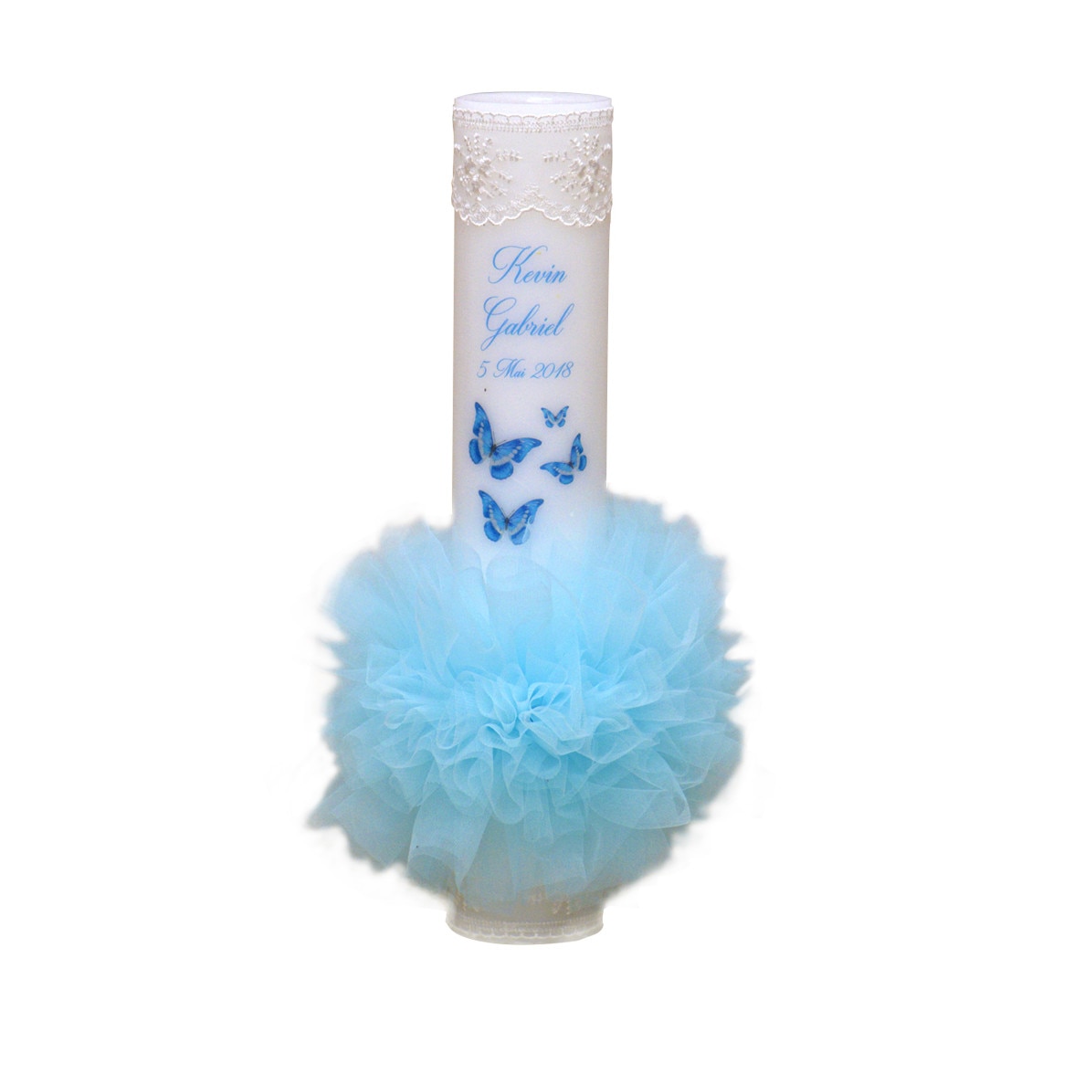Lumanare de botez personalizata Fluturasi albastra