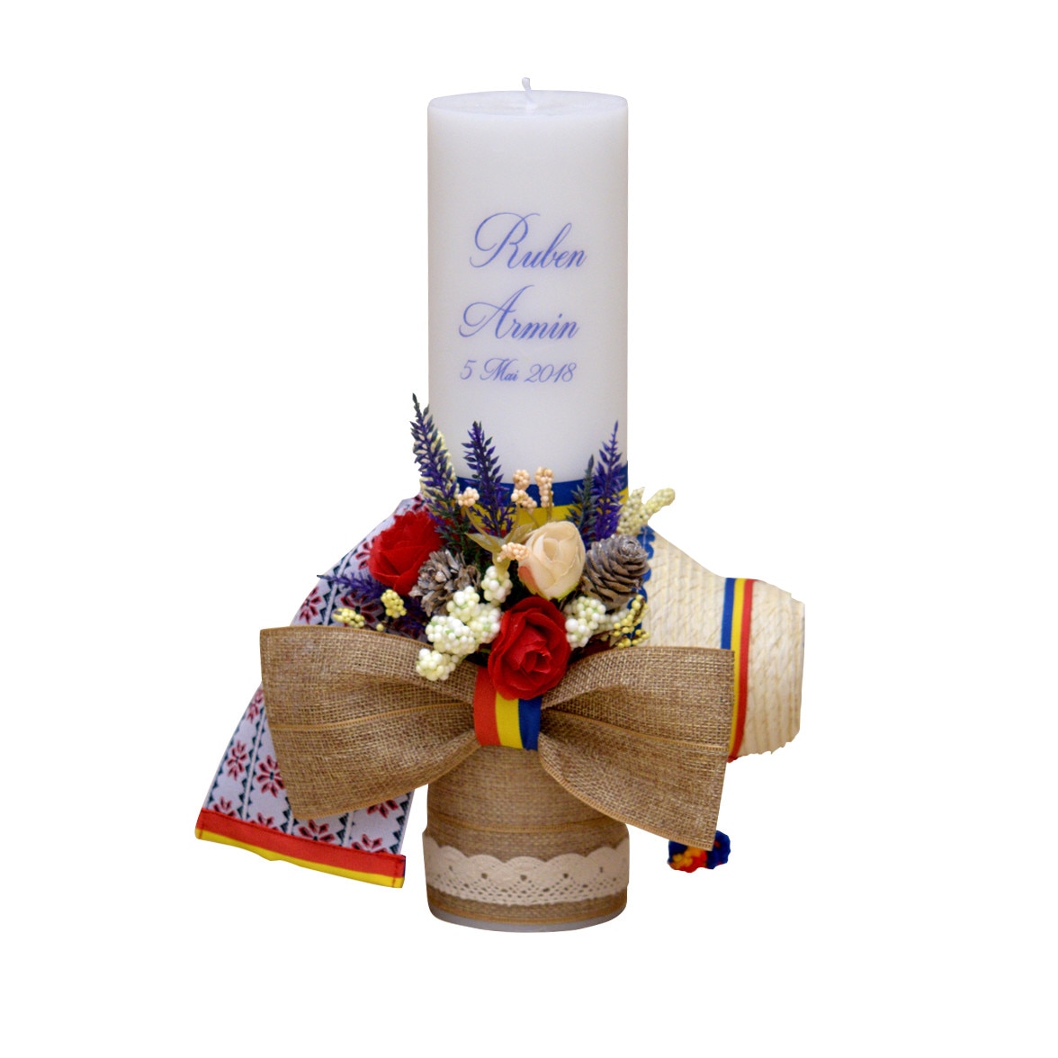Lumanare de botez personalizata Traditionala tricolor