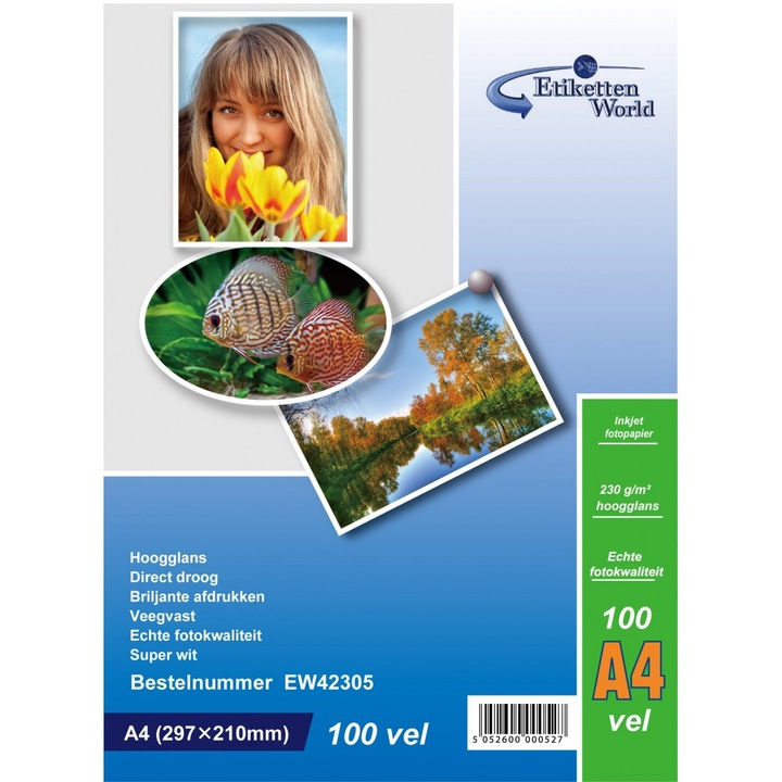 Комплект от 100 листа фотохартия A4 EtikettenWorld Premium High Glossy 230g